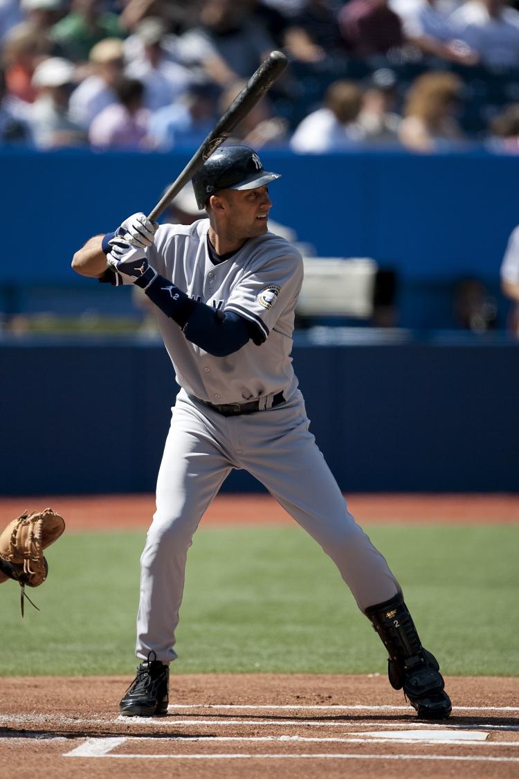 Derek Jeter of the New York Yankees at the plate during the game against the Toronto Blue Jays on September 6, 2009 at the Rogers Centre in Toronto, Canada. A brawl broke out a the Yankees/Blue Jays game on Wednesday as Jorge Posada jostled Jesse Carlson. (Paul Giamou/Getty Images)