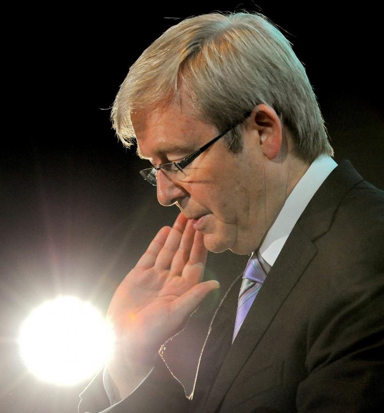 Australian Prime Minister Kevin Rudd speaks at a gathering in Melbourne on March 30. He said the trial in China of four employees of the Australian-British mining giant Rio Tinto, over charges of bribery and stealing commercial secrets, left 'serious unanswered questions.'  (William West/AFP/Getty Images)