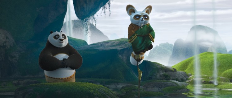 LIFE LESSON: Shifu (Dustin Hoffman, right) teaches Po (Jack Black, left) the value of inner peace in Kung Fu Panda 2. (Courtesy of DreamWorks Animation)