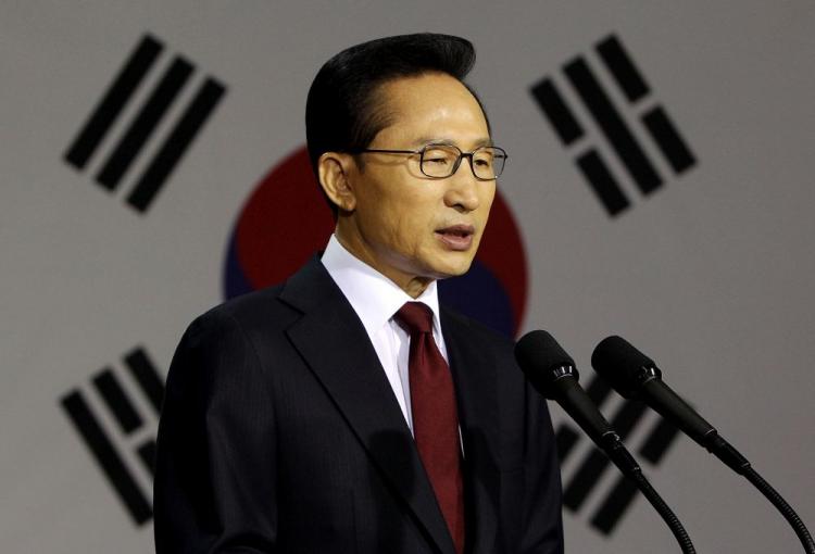 South Korean President Lee Myung-bak speaks during a press conference at the War Memorial on May 24, in Seoul, South Korea. President Lee announced he will impose sanctions on North Korea for sinking one of its naval ships. (Presidential House via Getty Images)