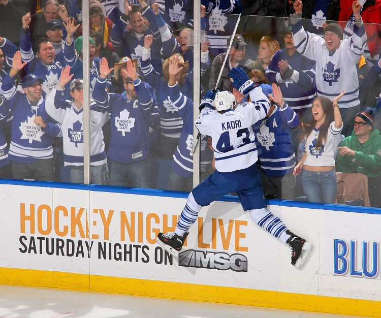 Nazem Kadri of the Toronto Maple Leafs celebrates after scoring in the first period against Buffalo on Mar. 21. Kadri is the Leafs' leading scorer this season. (Rick Stewart/Getty Images) 