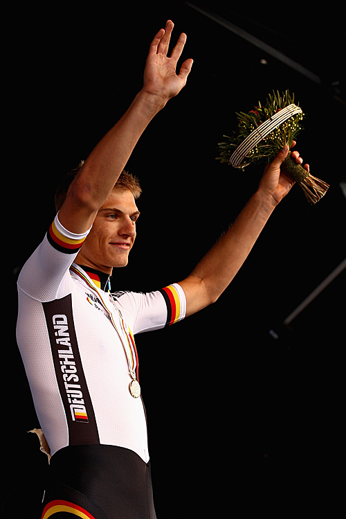 Marcel Kittel celebrates on the podium after the Men's Under 23 Time Trial at the 2010 UCI Road World Championships. Kittel won Stage Two of the Dreidsaaage de Panne March 28, 2012. (Quinn Rooney/Getty Images)
