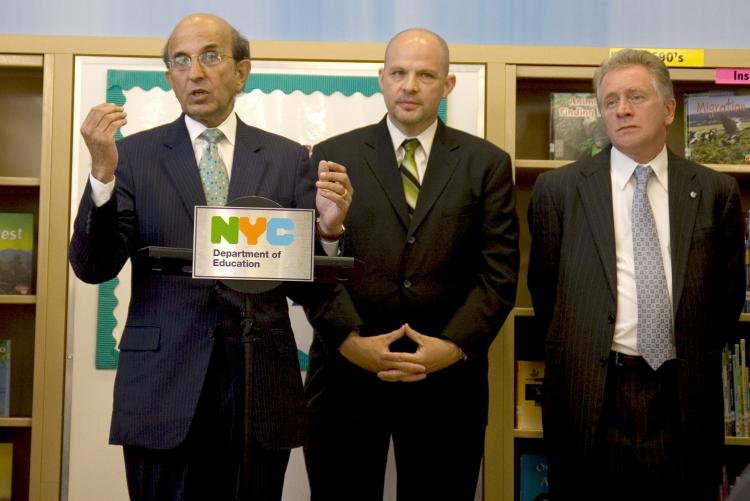 (L-R) School Chancellor, Joel I. Klein, United Federation of Teachers President, Michael Mulgrew, and Administrative Executive Vice President, Peter McNally; announce the Third Annual Public School Progress Reports at PS 189 in the 6th District.  (Diana Hubert/The Epoch Times)