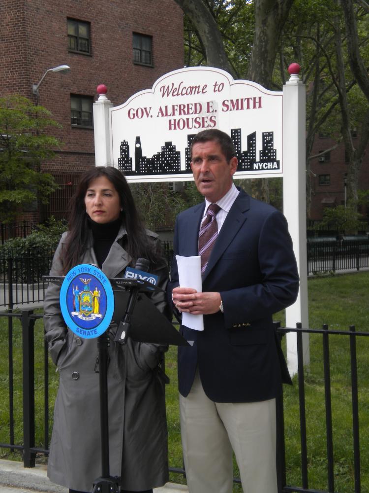 SAFETY FROM OFFENDERS: N.Y. state senators Diane Savino (L) and Jeffery Klein spoke from a public-housing building in Manhattan's Lower East Side on Sunday in support of new legislation that would keep registered sex offenders out of public housing.  (Photo by Gwen Rocco)
