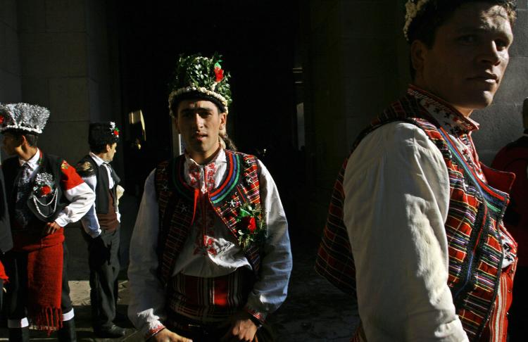 Bulgarian dancers from the town of Yambol wait before performing a pagan traditional dance named Koledari (Koleduvane), in central Sofia. Koledari is an important ancient pagan festival that coincides with the Winter Solstice in December and celebrates th (Valentina Petrova/AFP/Getty Images)