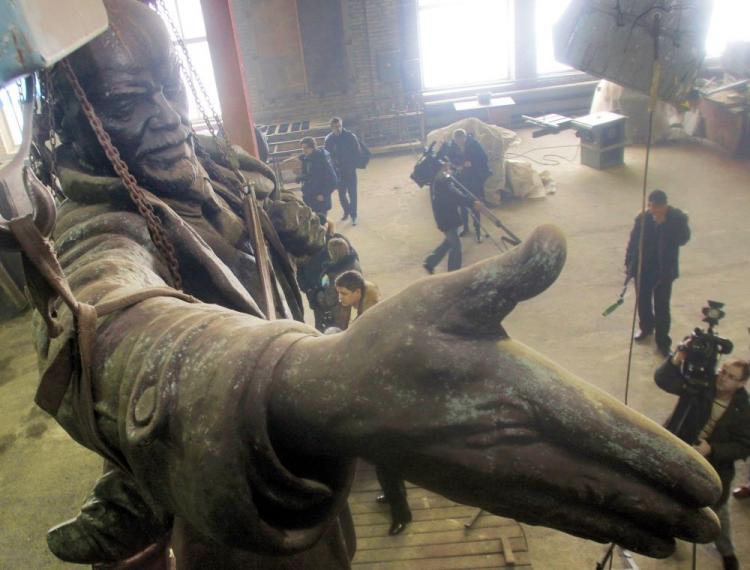 A monument of Soviet Union founder Vladimir Lenin is seen under repair in St. Petersburg on March 2. An explosion was set off on April 1, 2009, that damaged one of the last Soviet-era monuments of the former Communist leader. In the past year, Lenin statues across Ukraine and Russia have been doused in paint. Some call these are acts of delinquency, while others see them as acts of discontent with the countriesâ�� current leadership and the prominent display of Soviet monuments. (Elena Palm/AFP/Getty Images)