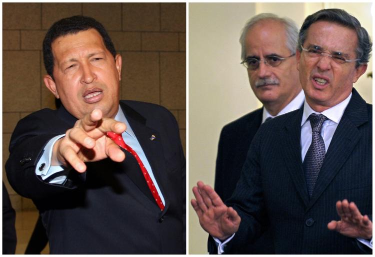 Photo composition showing Venezuelan President Hugo Chavez(L) in Damascus on Sept. 3, 2009, and Colombian President Alvaro Uribe at Casa Rosada presidential palace in Buenos Aires on Aug. 5, 2009. (Beshara Mabromata/AFP/Getty Images)