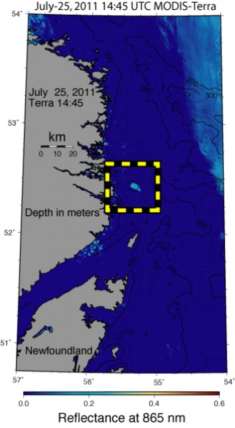 The location of the ice island on July 25 off the coast of Labrador. (NASA Image, edited by Andreas Muenchow/ University of Delaware)