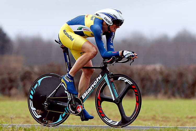 Swedish Gustav Larsson rides the opening time trial of the 2012 Paris-Nice cycling race, beating Bradley Wiggins by 1.53 seconds. (Pascal Pavani/AFP/Getty Images)