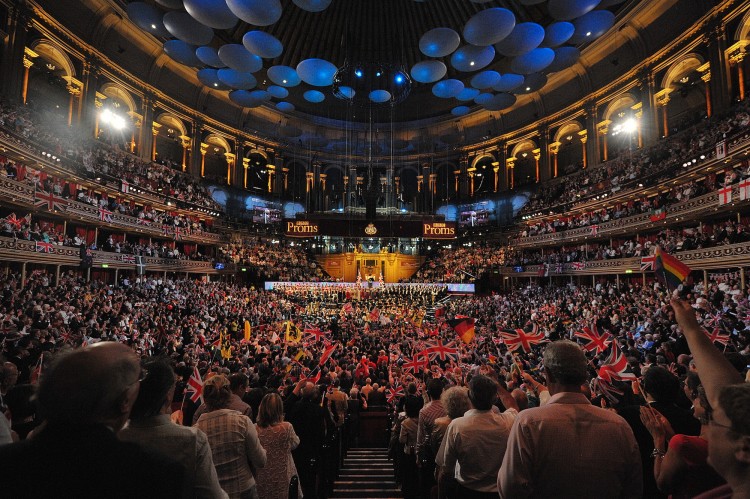 Patriotic revellers wave flags at the Royal Albert Hall 