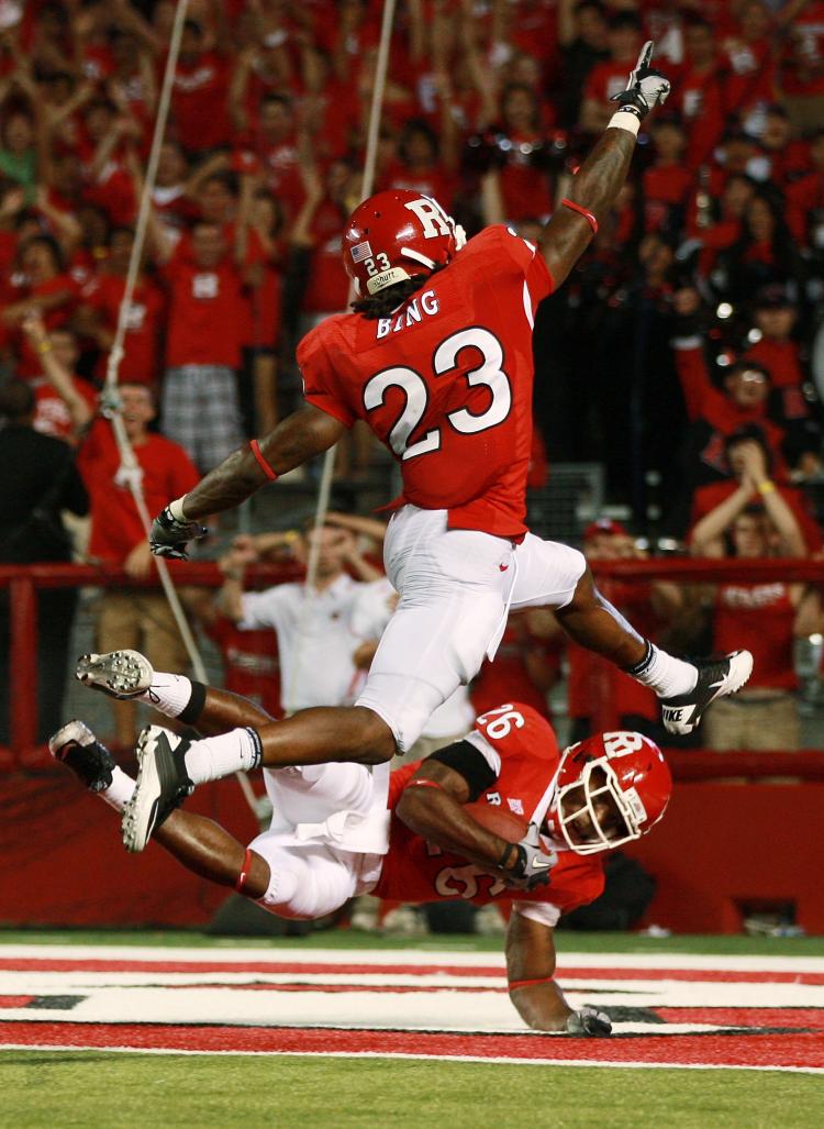 SPECIAL TEAMS HERO: Rutgers' Joe Lefeged (No. 26) shown here on Sept. 2 against Norfolk is an expert at blocking punts. He blocked two more against FIU on Sunday (Andrew Burton/Getty Images)