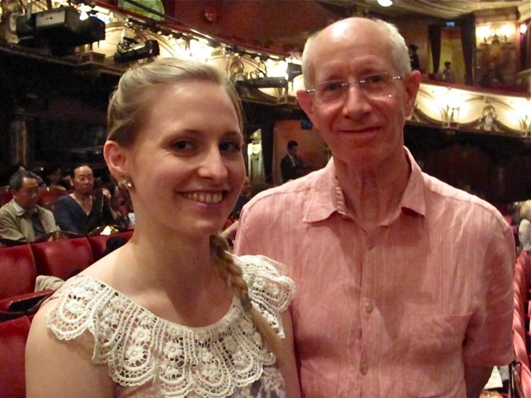Latin and Ballroom dance teacher Rachel Glen at the London Coliseum with her father, Colin, on April 8. (Courtesy of SOH Radio Network)