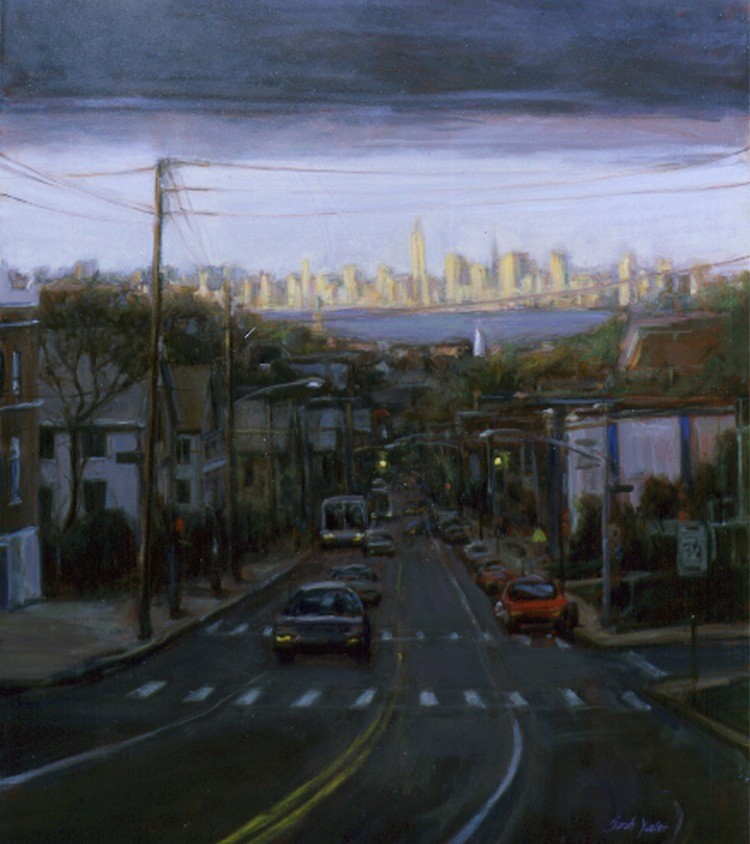 DARKER DAYS: Sarah Yuster's painting 'Lower Manhattan' is missing the twin towers that stood tall on the horizon of her earlier painting from the same vantage point in 1985. (Courtesy of Sarah Yuster)