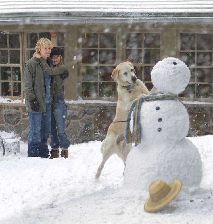 Marley makes important contributions to the building of a snowman, as John (Owen Wilson) and Jenny (Jennifer Aniston) look on. (Barry Wetcher/ Twentieth Century Fox)