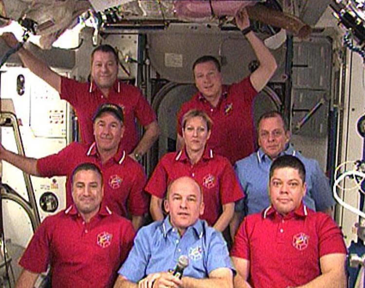 Members of the STS-130 and Expedition 22 crews participate in interviews with the media. (NASA TV)