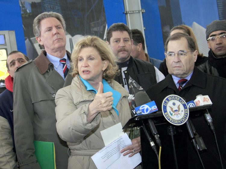 U.S. Representatives Carolyn Maloney (C) Jerrold Nadler (R) and Frank Pallone Jr.(L) showed their support for a new bill that will extend medical coverage for 9-11 first responders at a press conference at the WTC site on Sunday. (Lixin Shi/The Epoch Times)