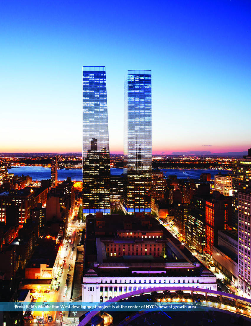  A rendering of the Manhattan West towers rising over the future Moynihan station and Madison Square Garden. (Courtesy of Brookfield Properties)