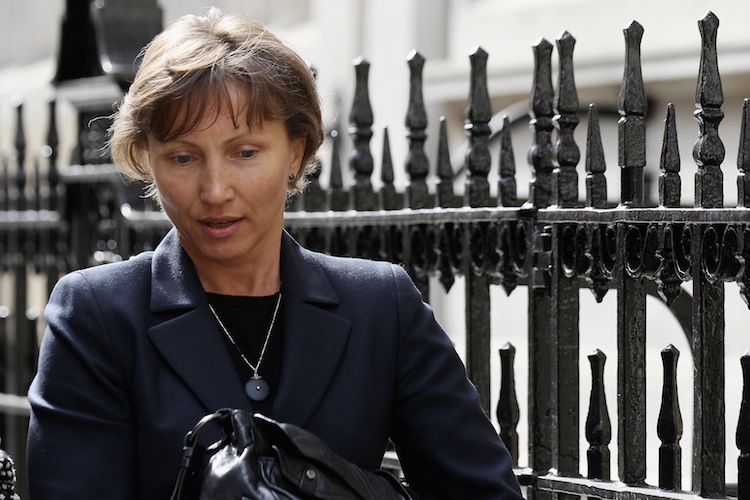 Marina Litvinenko, the widow of ex-Russian spy Alexander Litvinenko, leaves following a pre-inquest review hearing Sept. 20, London, England. (Oli Scarff/Getty Images)