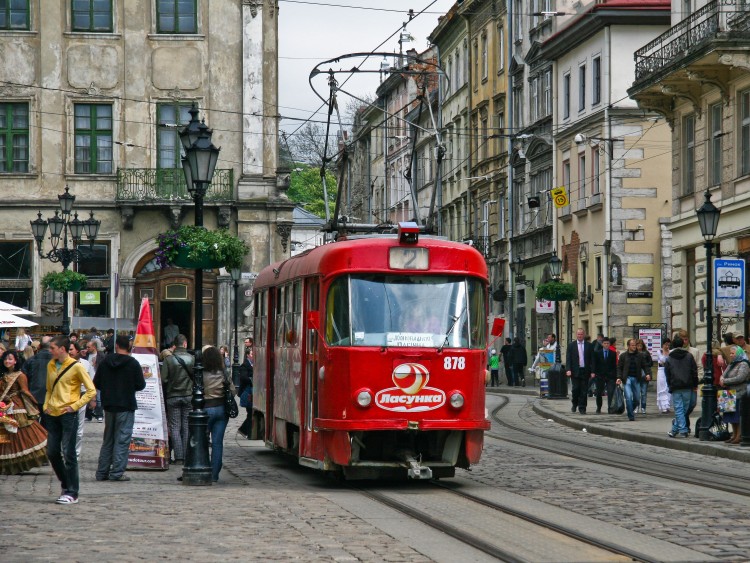 A street car passes through the centre of Lviv. Almost the whole centre is covered in cobble stone streets that Ukrainian women have to navigate every day in their high heels. (Dan Skorbach/The Epoch Times)