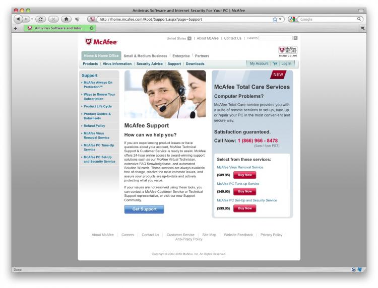 The McAffee.com website crashed today, fielding support requests from users that installed an unstable anti virus update package. (Screenshot from McAffee.com )