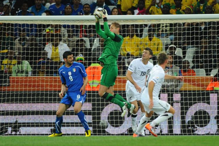 New Zealand goalkeeper Mark Paston plucks one out of the air. (Christophe Simon/AFP/Getty Images)