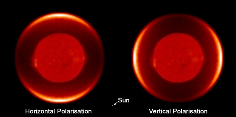A synthetic image produced from the data of the dust shell around the red giant star W Hydrae, shown in two polarizations of light, horizontal and vertical. This is equivalent to viewing the dust shell through polarized sunglasses, with the glasses held horizontally (left image) and vertically (right image). The image of the star in the centre of the dust shell is not from these observations and is for illustrative purposes. The sun (a single dot) is included for scale. (Barnaby Norris)
