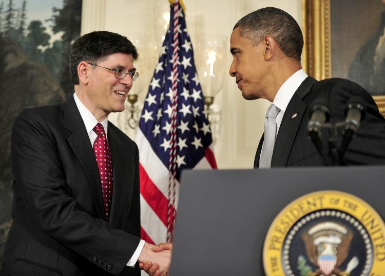 President Obama shakes hands with Jacob 'Jack' Lew after announcing that he has selected Lew to serve as Director of the Office of Management and Budget (OMB) in the Diplomatic Reception Room of the White House July 13, in Washington, DC. (Ron Sachs-Pool/Getty Images)