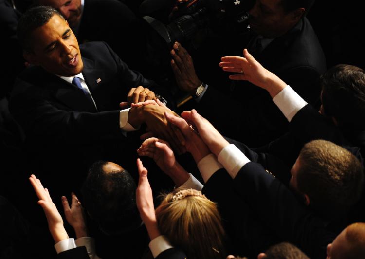 SOTU SPEECH: President Barack Obama is greeted following his State of the Union address on Jan. 25, at the Capitol.  (Jim Watson/Getty Images )