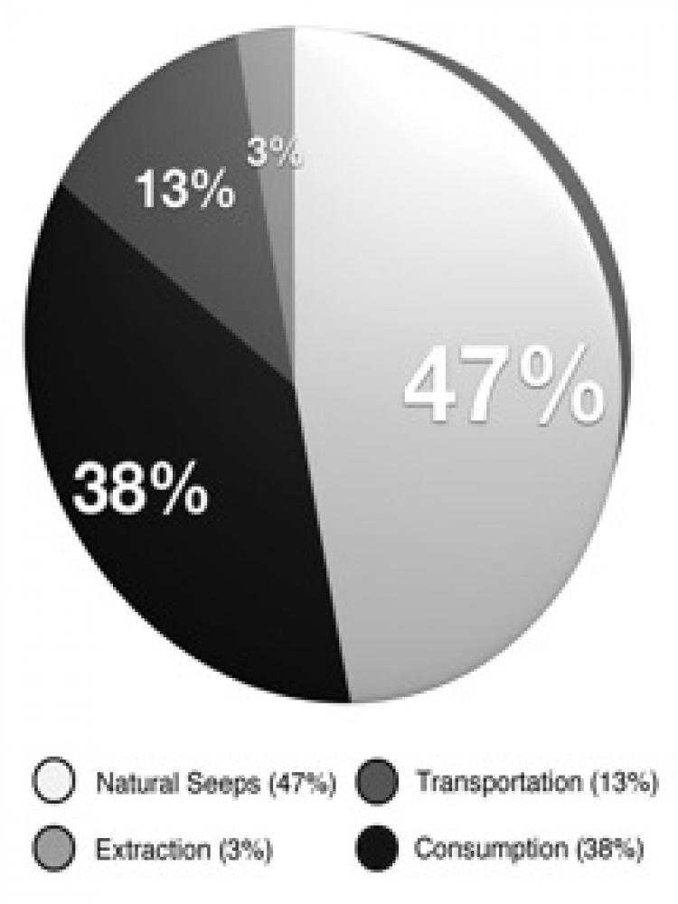 Natural seeps includes water, which seeps through rock on the ocean floor. Consumption includes runoff from land, as well as oil left by boats and jet skis.Transportation includes oil spills from tankers and pipelines, and oil discharged from ships. Extraction includes oil spills from offshore platforms, and blowouts while searching for oil and gas.(Source:The Ocean Studies Board and Marine Board of the National Academy of Sciences)