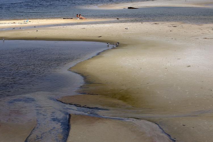 Streaks left by oil that retreated during low tide are visible on a public beach on June 2, in Dauphin Island, Alabama. In addressing the oil spill, the Obama administration expressed plans for forceful legal actions against BP.  (Win McNamee/Getty Images)