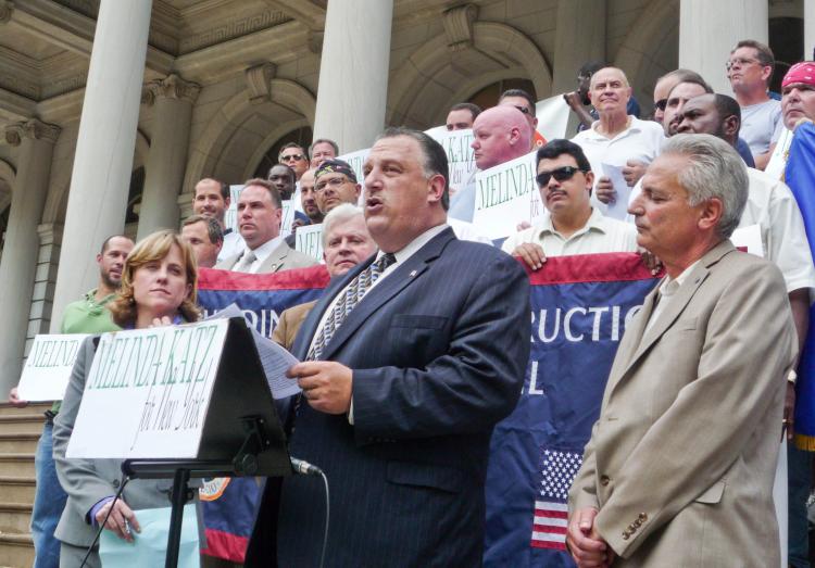 Melinda Katz stands by Gary Labarbera, president of the Building and Construction Trades Council, as he announced the union's endorsement of Katz for city comptroller.  (Christine Lin/The Epoch Times)