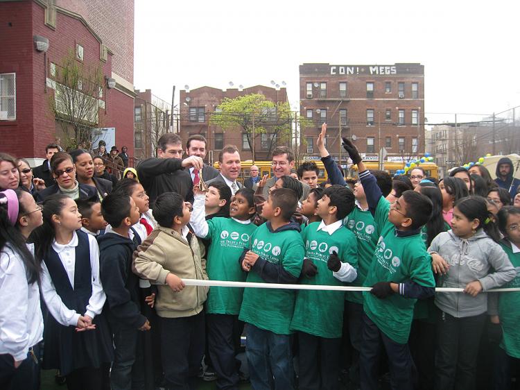 OUR PARK! Students at P.S. 19 in Corona Queens celebrate their new park, which they helped to design.   (Photo courtesy Annie Sferrazza)