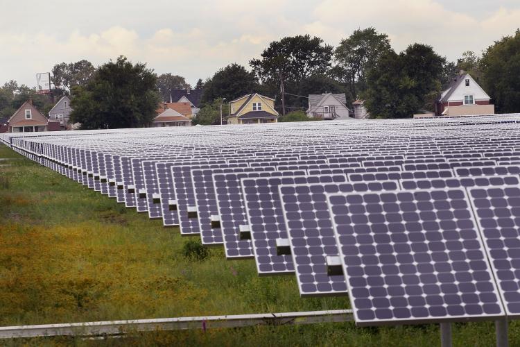POWER UP: Solar photovoltaic panels generate electricity at an Exelon solar power facility in Chicago, Ill. President Barack Obama outlined the importance of clean energy during an April 7 speech, emphasizing reducing dependency on oil.  (Scott Olson/Getty Images)