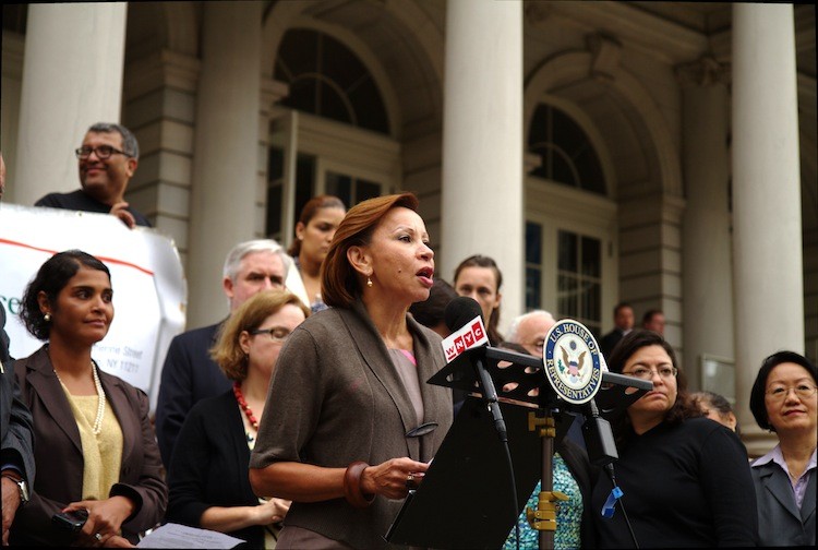 Congresswoman Nydia VelÃ�Â¡zquez speaks to the press outside the City Hall on Wednesday. (Ivan Pentchoukov/The Epoch Times)