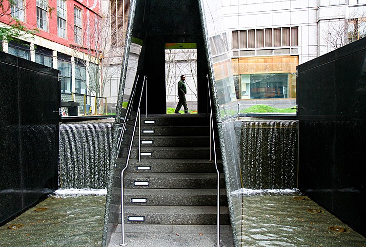 Waterfalls stream into the memorial at the African Burial Ground in Lower Manhattan. (IVAN PENTCHOUKOV/THE EPOCH TIMES)