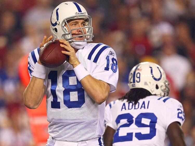 Quarterback Peyton Manning #18 of the Indianapolis Colts throws a pass against the Washington Redskins at FedExField on Oct. 17, 2010 in Landover, Maryland. (Win McNamee/Getty Images)