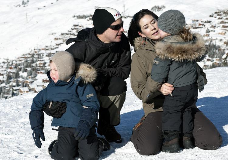 Danish Crown Prince Frederik (2L) and Crown Princess Mary (2R) with their children Prince Christian (L) and Princess Isabella (R) during their ski vacation in Switzerland. (Keld Navntoft/AFP/Getty Images)