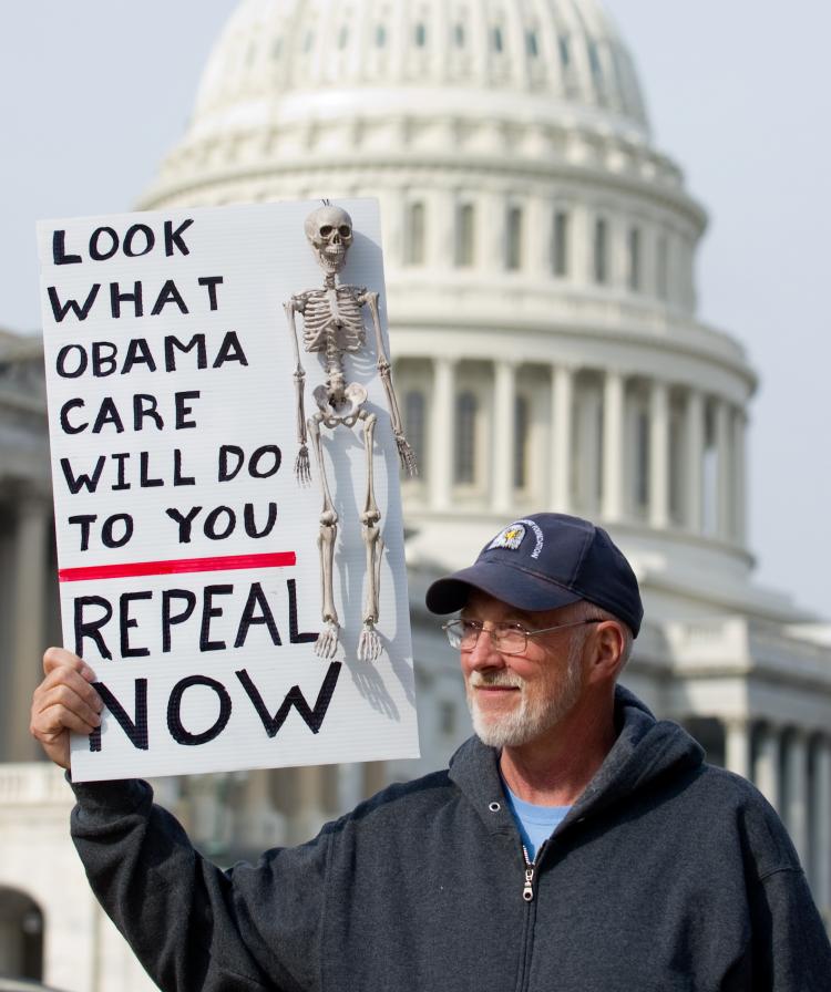 HEALTH CARE REPEAL: A man protests against the Patient Protection and Affordable Care Act health care legislation during an Americans for Prosperity November Speaks rally on Capitol Hill Nov. 15, 2010.(Saul Loeb/AFP/Getty Images)