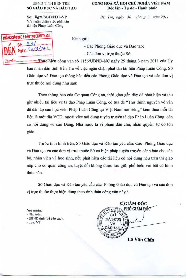 Document from the city of Ben Tre, instructing educators not to allow dispersal of Falun Gong materials. (Scanned copy)