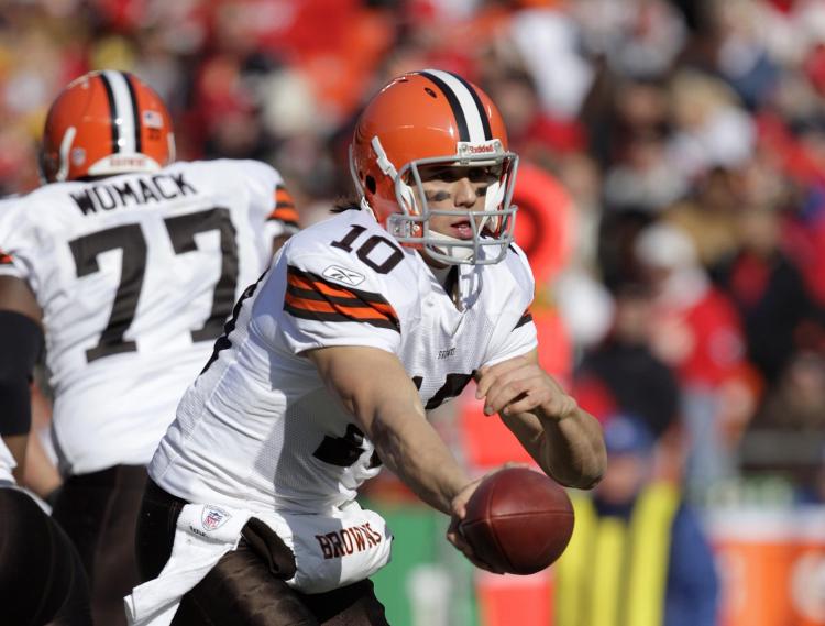 Cleveland Browns quarterback, Brady Quinn, was traded to the Denver Broncos on Sunday, for full back Peyton Hills, after signing former Panthers quarterback Jake Delhomme over the weekend. (Jamie Squire/Getty Images)