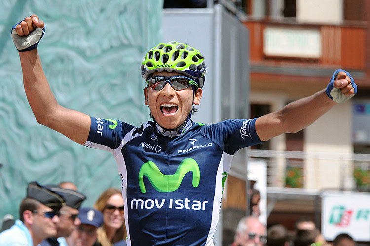 Nairo Quintana celebrates on the finish line after winning Stage Six of the Critérium du Dauphiné cycling race. (Pascal Pavani/AFP/GettyImages)