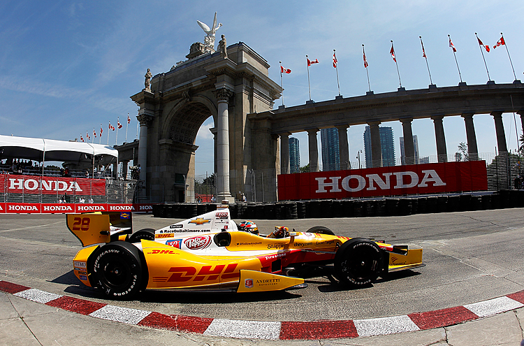 Ryan Hunter-Reay drives his #28 Sun Drop/DHL Andretti Autosport Chevrolet Dallara through the streets of Toronto. Hunter-Reay won the Honda Indy Toronto, his third IndyCar race in a row. (Jonathan Ferrey/Getty Images)