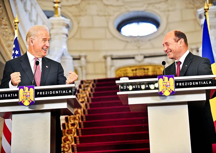MISSILE SUPPORT: U.S. Vice President Joe Biden (L) said Washington appreciated Romania's support for a new U.S. missile defense system in the country, at a press conference with Romanian President Traian Basescu in Bucharest, Romania, Oct. 22, 2009. On Thursday Romania took one step closer in support of the installment of land-based interceptors as part of the missile defense system.  (Daniel Mihailescu/AFP/Getty Images)