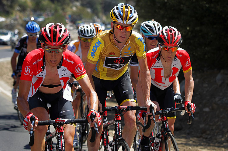 RadioShack riders (L-R) Matthew Busche, Chris Horner, and Levi Leipheimer climb Mt. Baldy during Stage Seven of the 2011 AMGEN Tour of California, May 21, 2011. (Doug Pensinger/Getty Images)