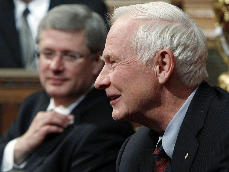 Governor General David Johnston and Prime Minister Stephen Harper take part in a Royal Assent ceremony in the Senate chamber on Parliament Hill on Dec. 15, 2010. Mr. Johnston praised Canada's efforts in Afghanistan in his New Year's message. (Reuters/Blair Gable)