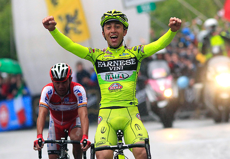 Farnese-Vini's Matteo Rabottini celebrates after crossing the finish line of Stage 15th of the Giro d'Italia. (Luk Benies/AFP/GettyImages)