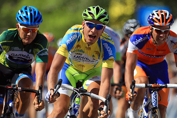 Peter Sagan of Liquigas-Cannondale smiles as he crosses the finish line ahead of Garmin-Barracuda's Heinrich Haussler (L) and Rabobank's Michael Matthews (R) to win stage four of the Amgen Tour of California. (Doug Pensinger/Getty Images)