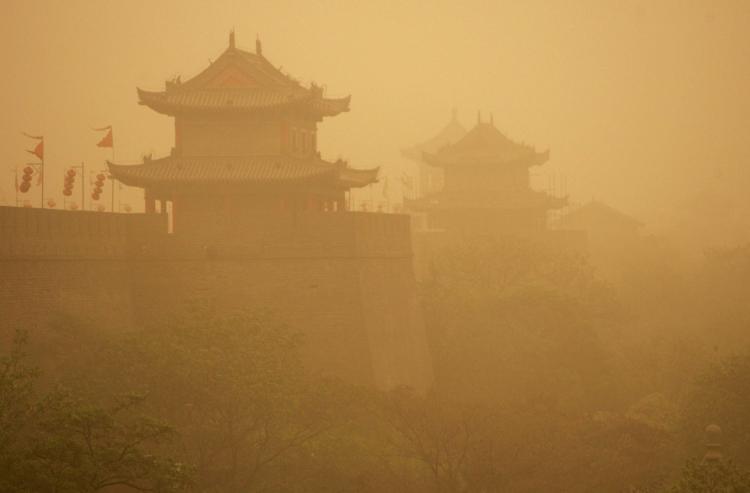 XIAN, CHINA - In this file photo, an elevated view of the Ming Dynasty City Wall Relic is seen amid a heavy sandstorm in Xian of Shaanxi Province, China. China has been plagued for over three years with these storms(Photo by China Photos/Getty Images)