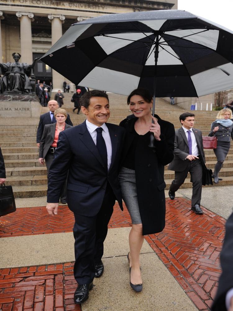 French President Nicolas Sarkozy and his wife Carla Bruni-Sarkozy leave Columbia University on March 29 in New York after he delivered a speech to students.  (Eric Feferberg/AFP/Getty Images)
