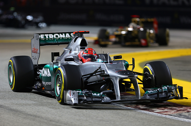 Michael Schumacher drives during the Formula One Singapore Grand Prix, September 23, 2012 in Singapore, Singapore. (Clive Mason/Getty Images)